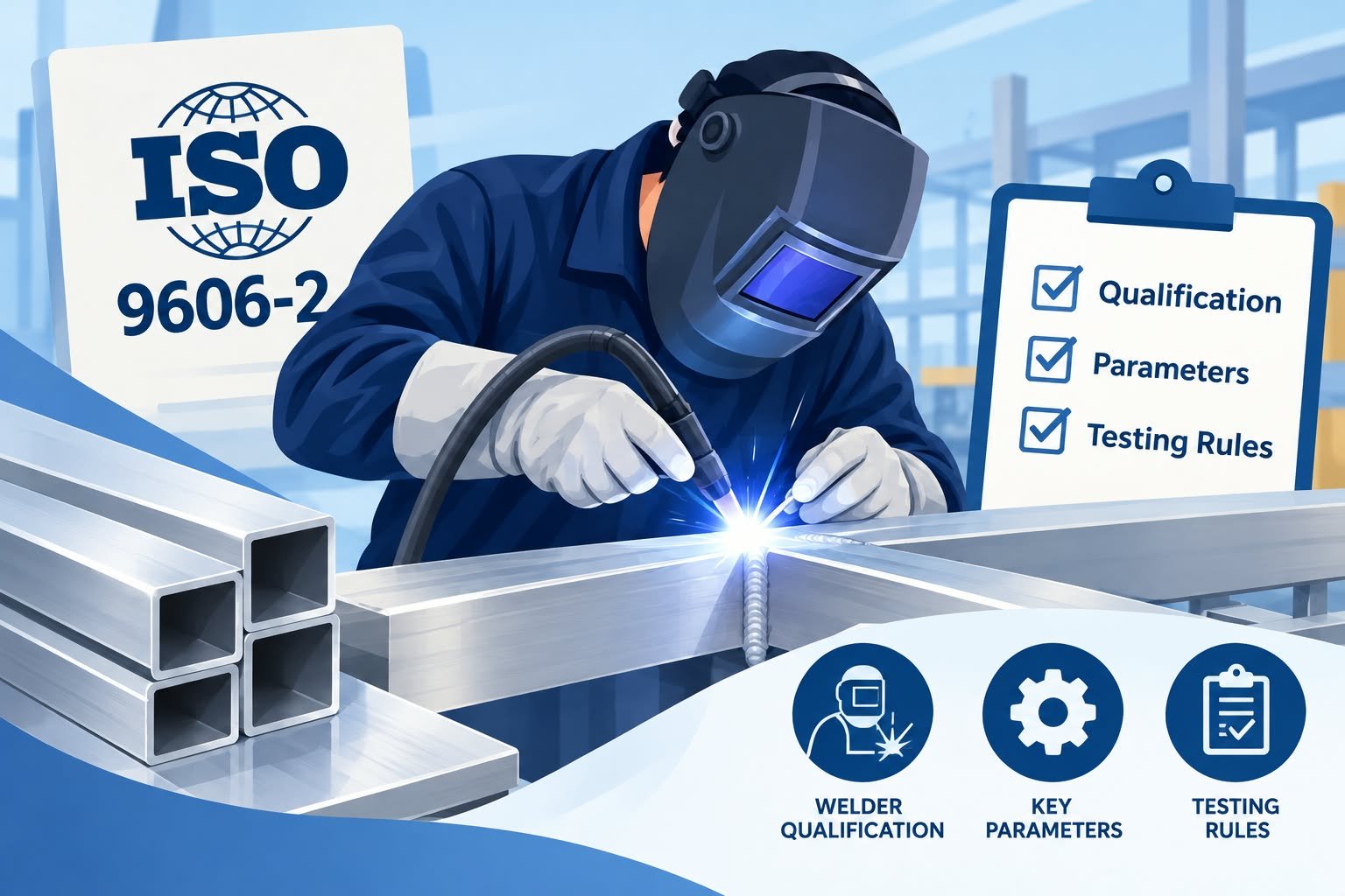 Welder performing aluminum welding for ISO 9606-2 welder qualification testing