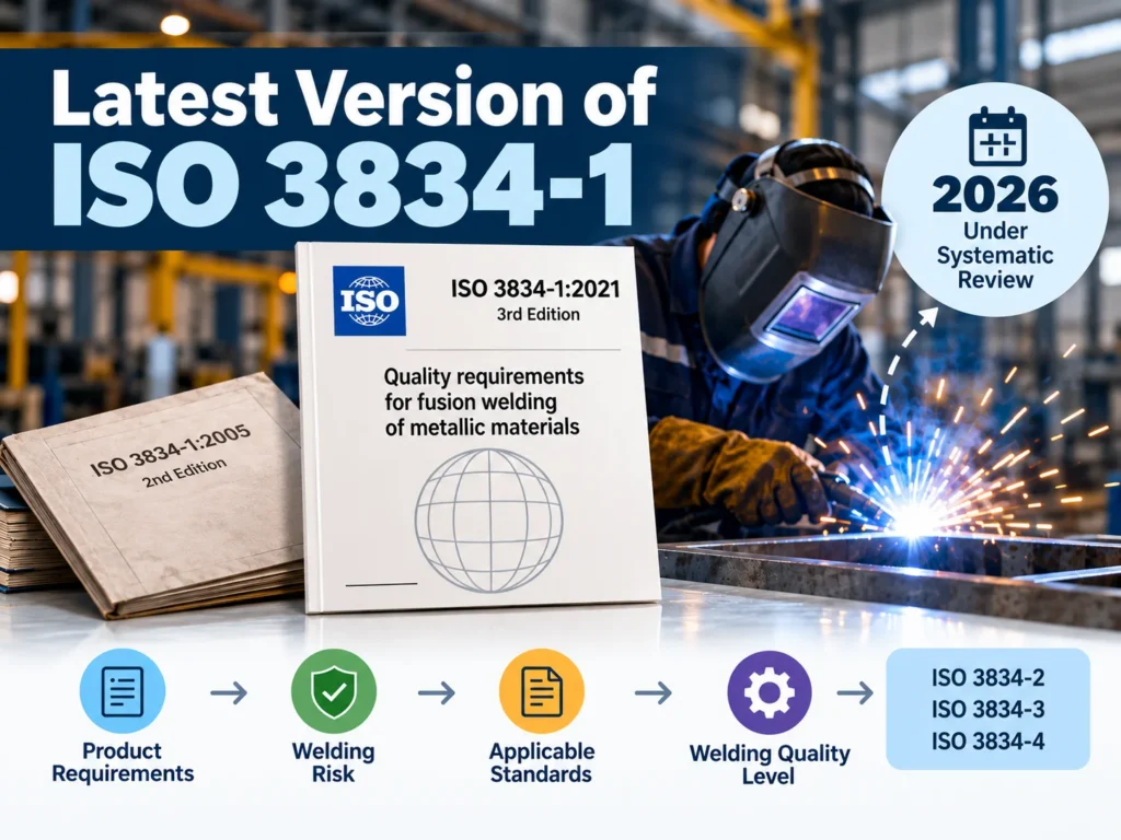 Latest version of ISO 3834-1:2021 with 2026 systematic review status and welding quality levels.