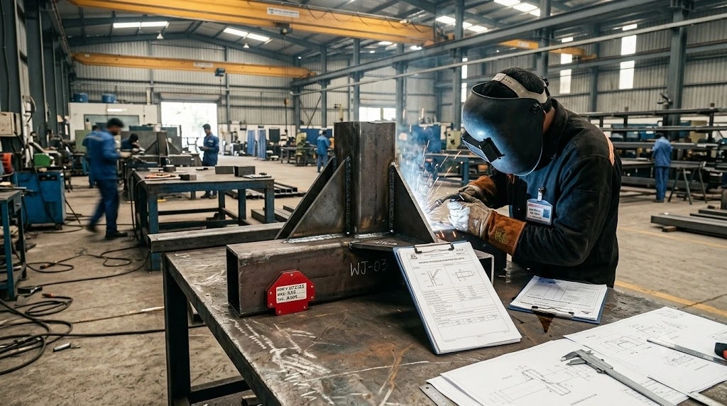 Photorealistic modern steel fabrication workshop in India showing a welded steel component on a table with WPS documentation, material identification tag, inspection records, and precision measurement tools.