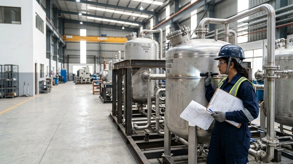 A welding inspector holding technical drawings and a flashlight while examining a large stainless steel pressure vessel inside a bright, modern Indian manufacturing facility.
