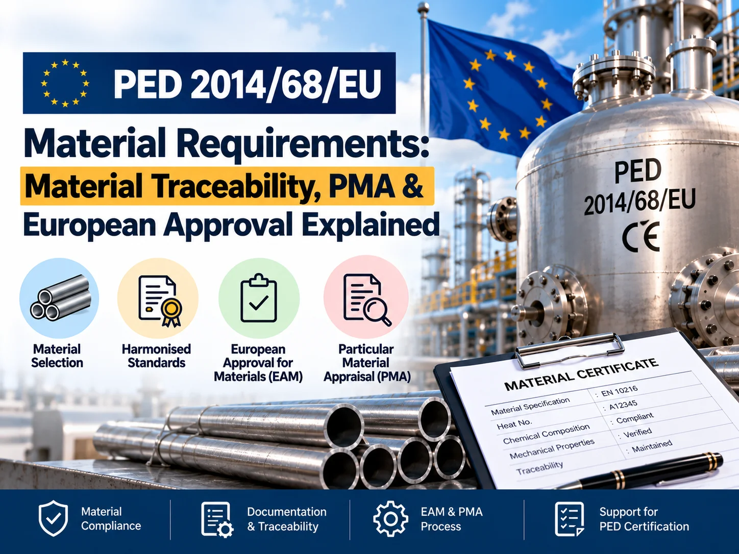 PED 2014/68/EU material requirements, material traceability, PMA and EAM