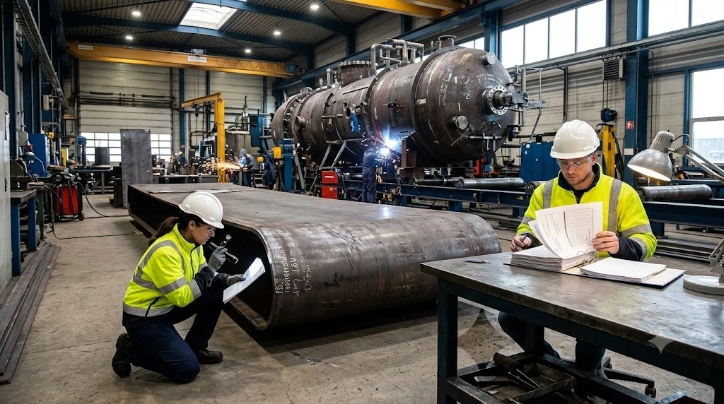 A female quality engineer wearing a white hard hat and high-visibility jacket uses a flashlight to check markings on a heavy steel plate, while a male engineer reviews material inspection documents at a workbench inside a pressure vessel manufacturing shop.