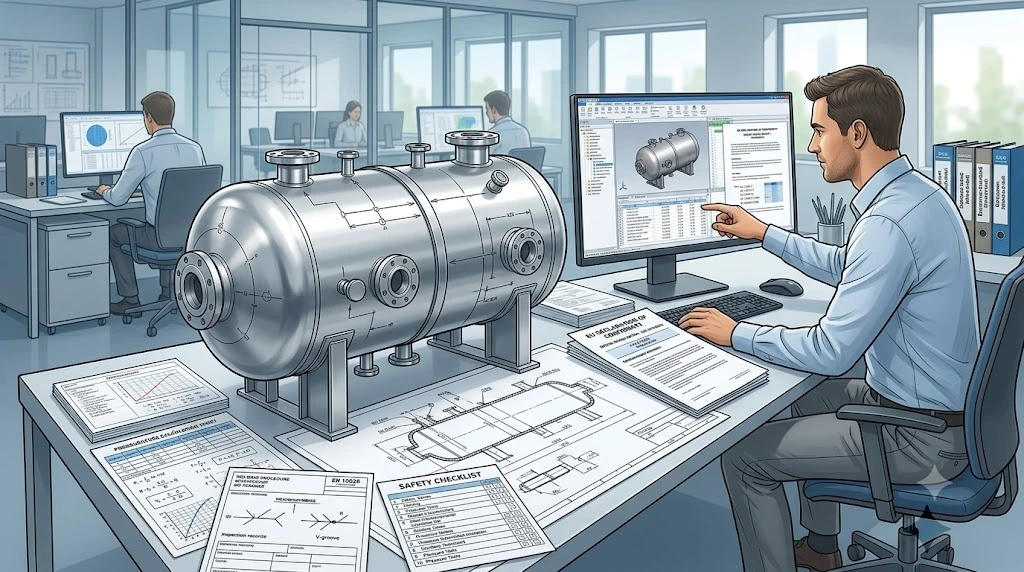 A professional industrial engineering illustration showing an engineer reviewing pressure vessel CAD designs and EU compliance paperwork at a workstation