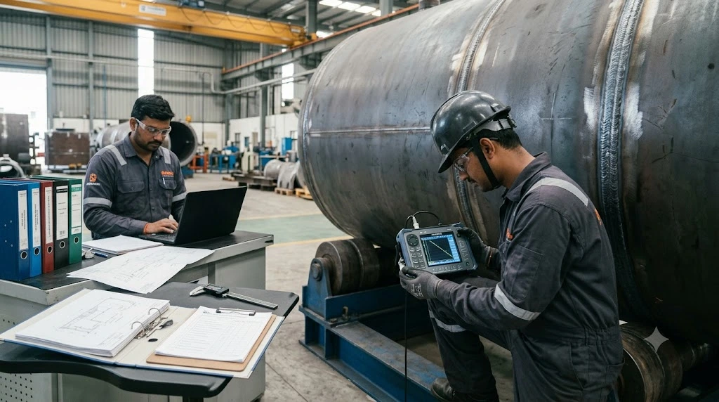 NDT technician conducting ultrasonic testing on a welded pressure vessel seam while a quality inspector reviews technical documentation in a manufacturing facility.