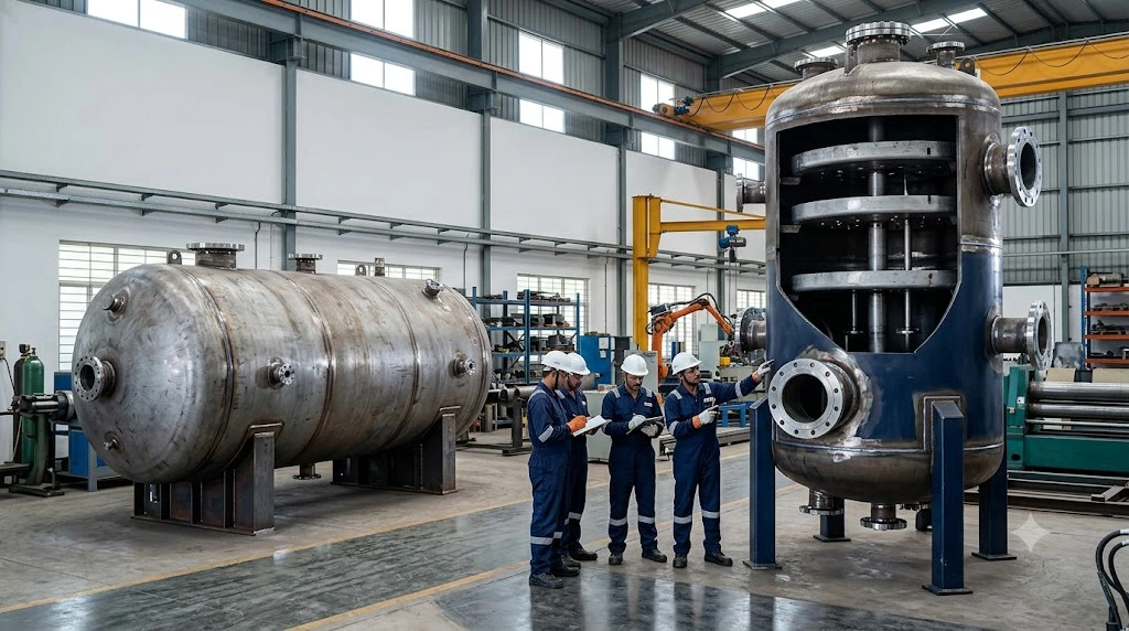 Engineers in protective equipment inspecting a horizontal compressed air receiver tank and a large vertical pressure vessel inside a modern Indian manufacturing facility.