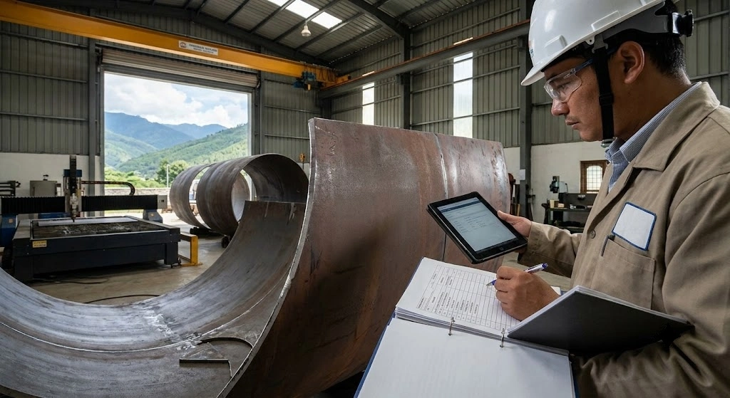 Technician verifying steel plate identification against material traceability records for pressure equipment.