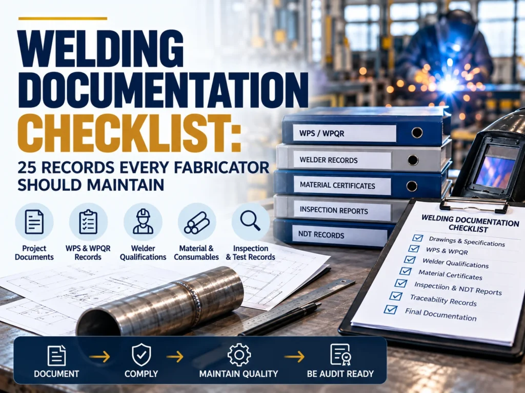 Welding documentation checklist showing 25 essential records for WPS WPQR welder qualifications materials and inspection