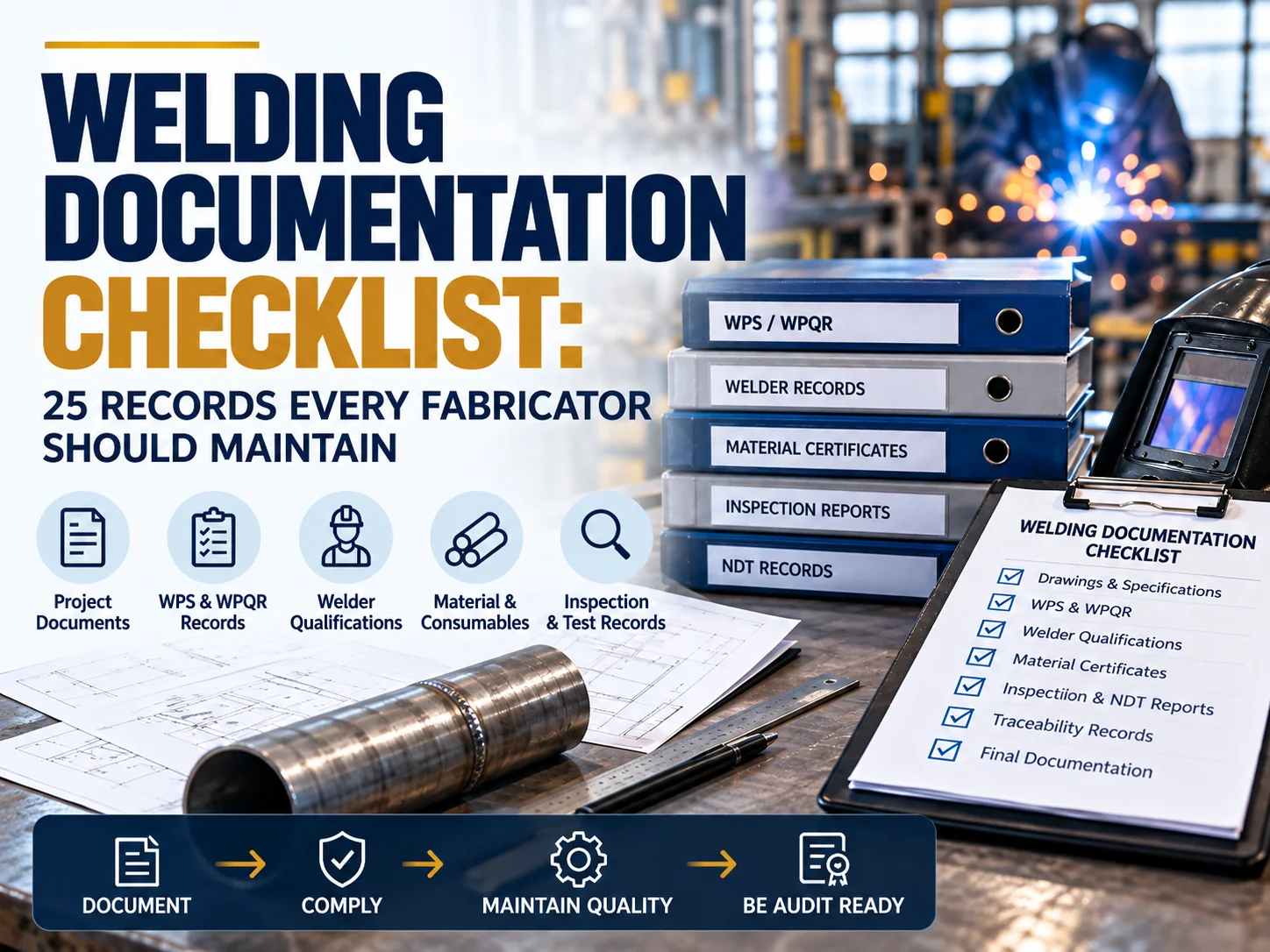 Welding documentation checklist showing 25 essential records for WPS WPQR welder qualifications materials and inspection