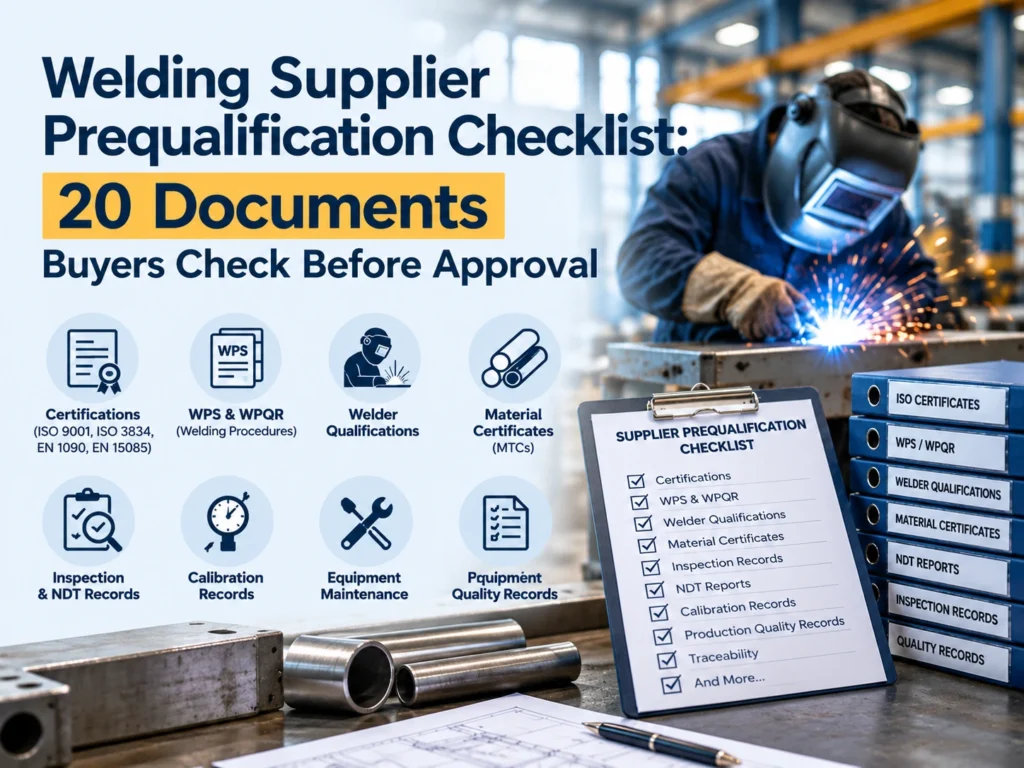 Welding supplier prequalification checklist showing 20 documents buyers check before approval, including certifications, WPS, WPQR, welder qualifications, material certificates, inspection and NDT records